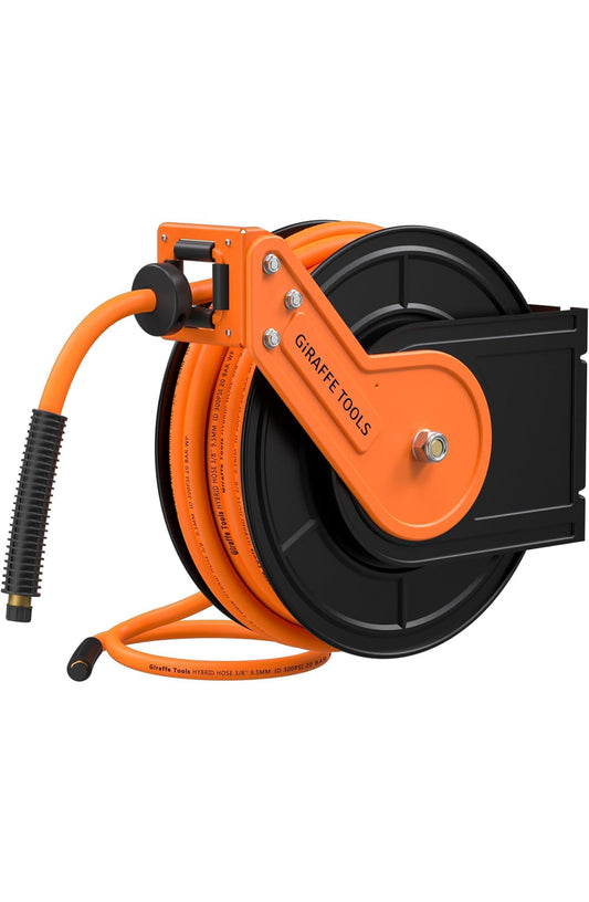 Giraffe Tools TA15B Retractable Air Hose Reel Wall Mount 3/8" x 50 ft Hybrid Hose, Air Compressor Heavy Duty Steel Reel Auto Rewind 300PSI, 50ft, Tangelo